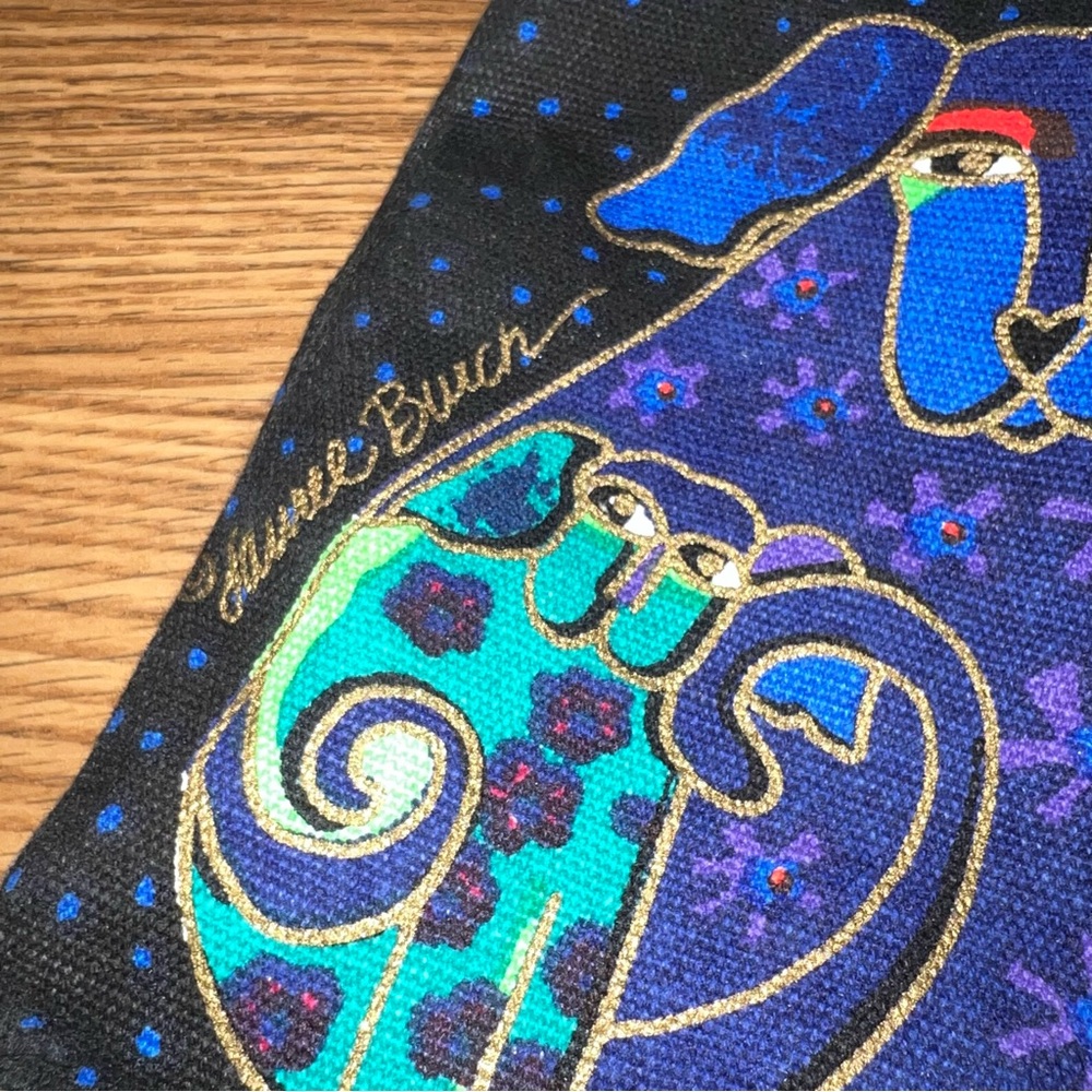 Laurel Burch printed Canvas Plastic Lined Puppies Black Bag - Picture 4 of 10